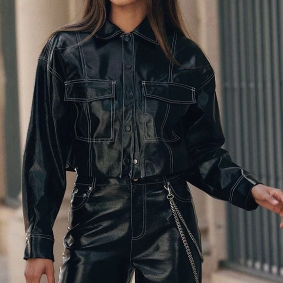 Faux Patent Leather Trucker Jacket & Faux Patent Leather Pants - Picture 1 of 2